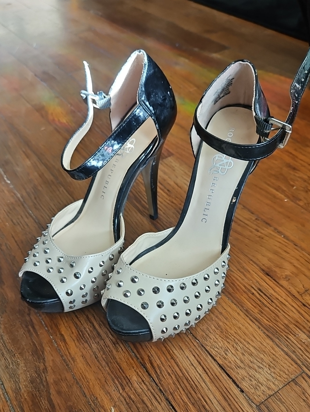 Rock & Republic Two-Tone Studded Peep-Toe Ankle Strap Heels - Cream & Black